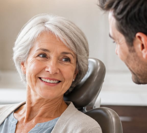 Patient smiling during a dentures consultation