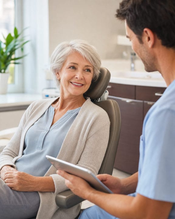 Patient reviewing implant-supported denture aftercare with dental provider